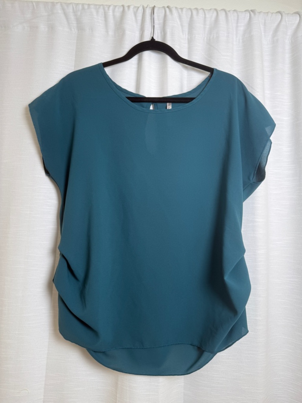 Teal Chiffon Blouse Women’s short Sleeve Flowy Top Work Office | Size L - Picture 4 of 11